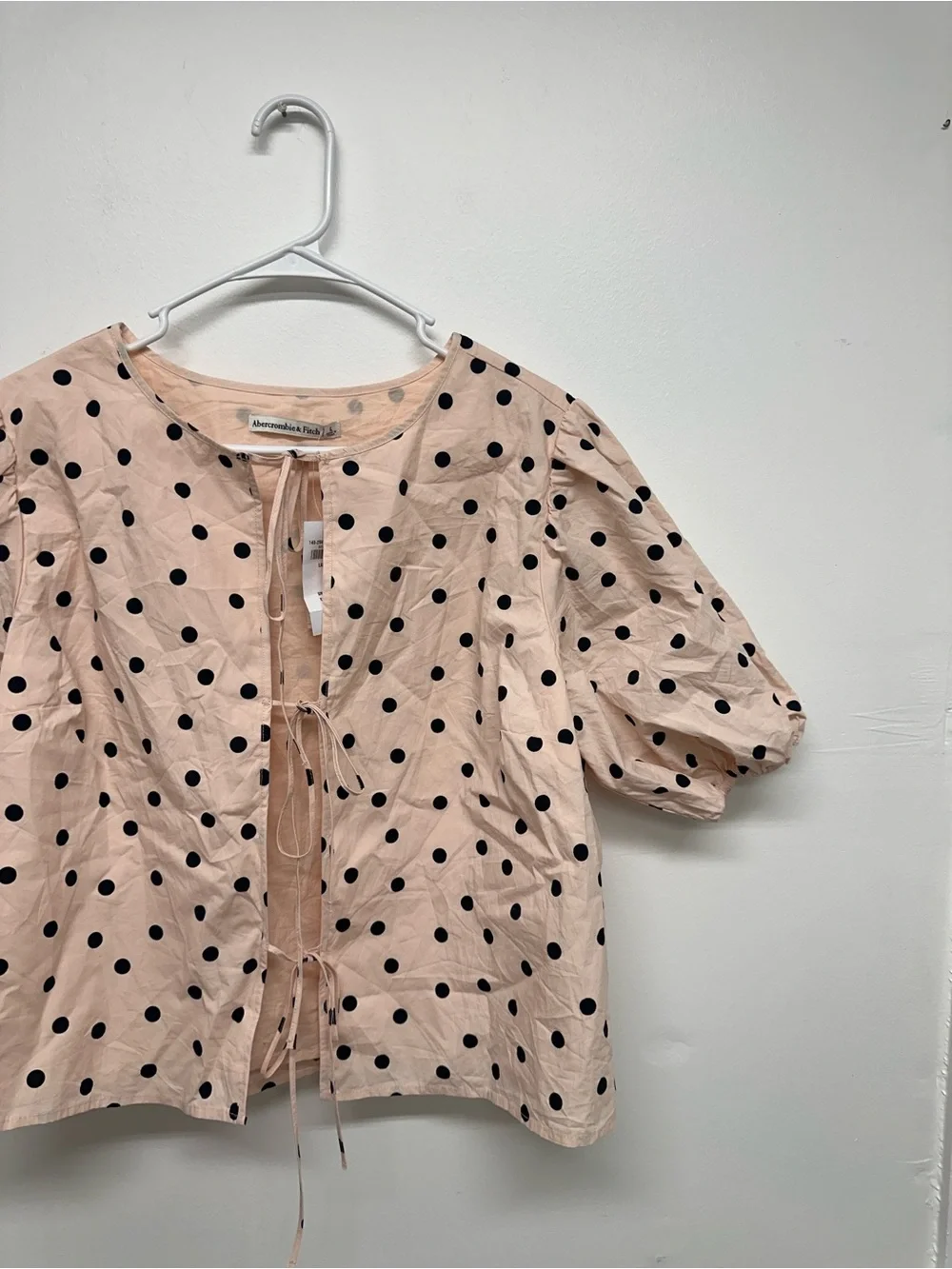 Abercrombie & Fitch Puff-Sleeve Tie-Front Polka Dot Blouse - Pink